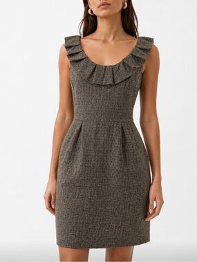 MICHAEL KORS Tweed Ruffle Neck Sheath Dress in Brown Size 10